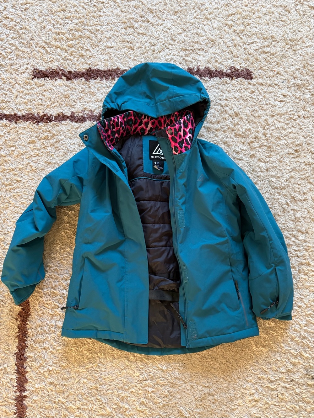 Ripzone Kids' Teal Hooded Raincoat with Pink Leopard Lining